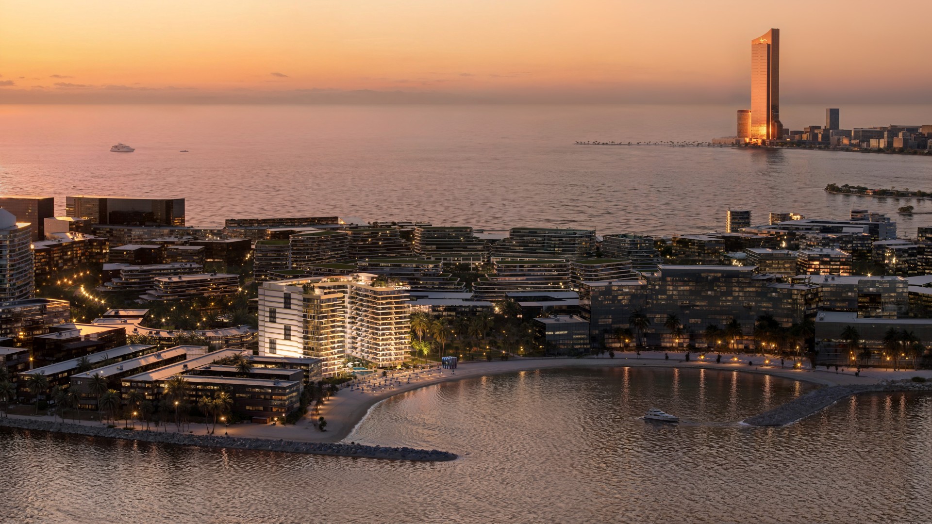 Mondrian Al Marjan Island aerial view at sunset